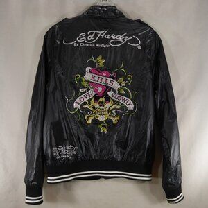 Womens Y2K Ed Hardy Love Kills Slowly Black Rhinestone Jacket Windbreaker M
